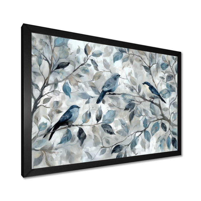 «Birds Love Under A Blue White Orchid Tree Garden», reproduction d'art sur toile encadrée, oiseaux, Cadre photo unique, Noir