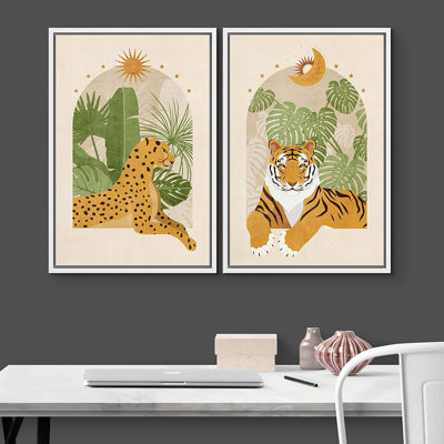 Tigre du Bengale indien, jungle tropicale de Monstera, nature sauvage - ensemble de 2 impressions sur toile flottante