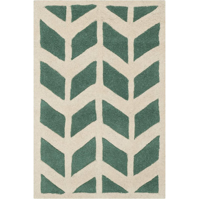 Square Chevron Hand Tufted Wool Indoor / Outdoor Use Area Rug in Teal/Ivory -  George Oliver, C00A3238B3474031BE13F15758109F8E