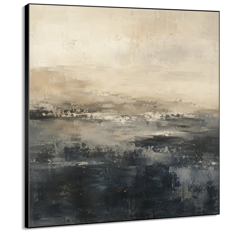 Impression sur tissu grand format - Motif abstrait horizon superposé beige, gris et anthracite pour salon ou chambre - « Assemblage du cadre requis (cadre non fini) »