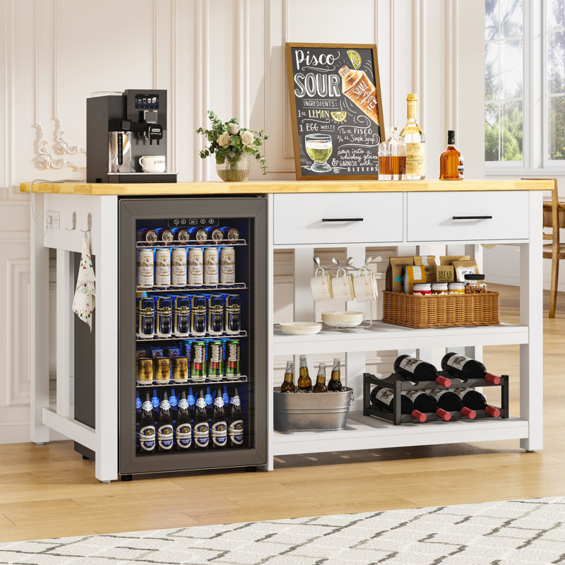60" Solid Wood Kitchen Island with Storage, Power Outlets, 2 Drawer and Fridge Space for Kitchen Dining Room, Farmhouse Style, White