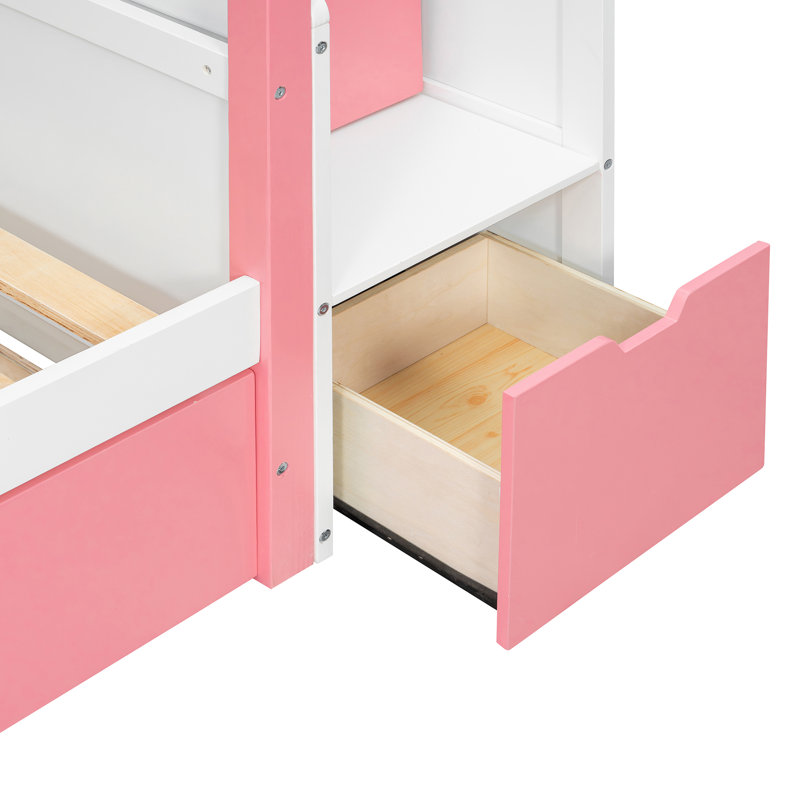 Lit superposé pour enfants Nestle Playhouse avec escalier de rangement et tiroirs, Twin, Rose