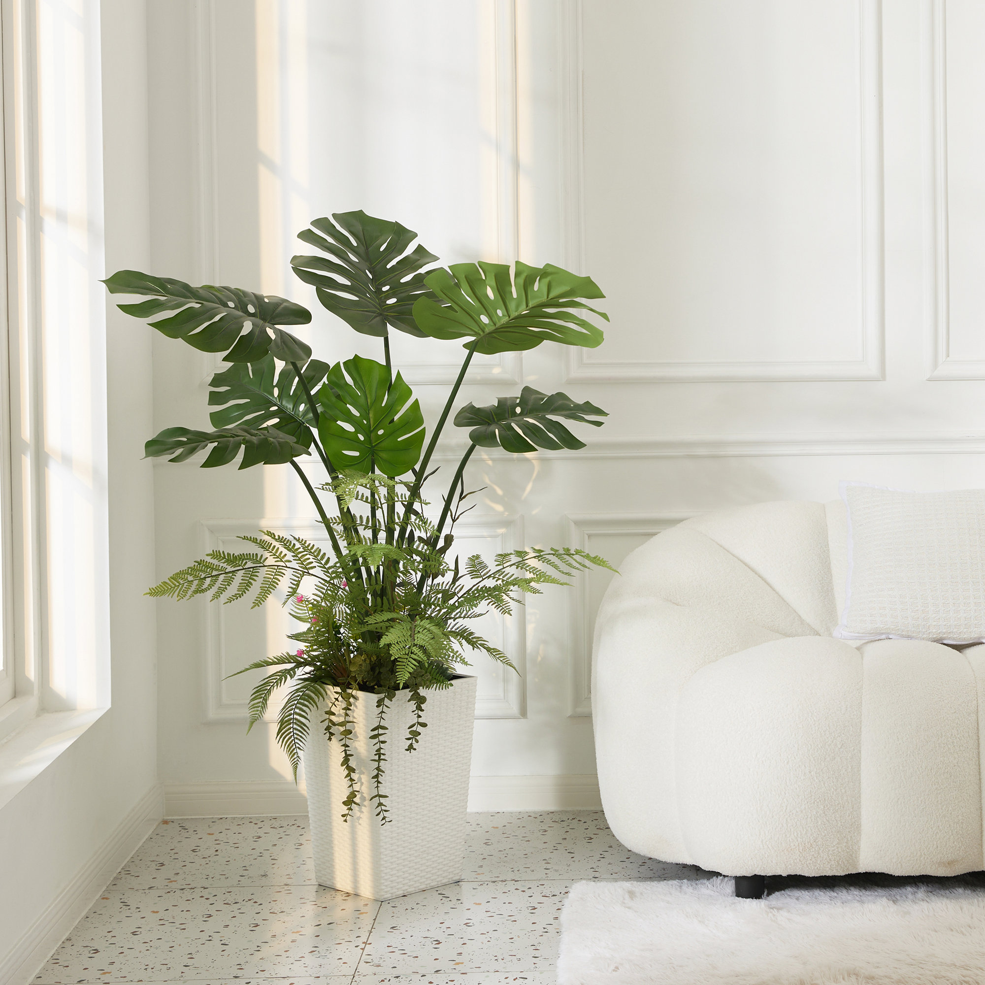Adcock Artificial Monstera Plants 4FT - UV Resistant Faux Plant with Tapered Planter and Decorative Plants, White