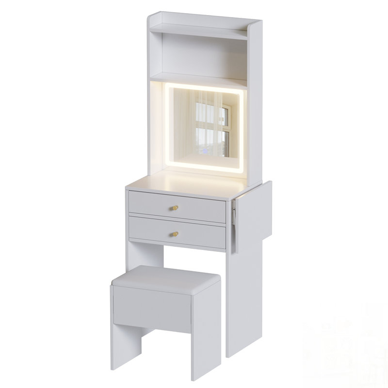 Ensemble de coiffeuse compacte avec 3 miroirs lumineux réglables et rangement, idéal pour les petits espaces et une organisation efficace