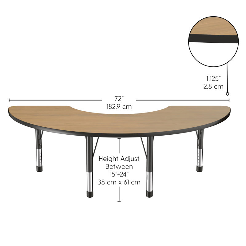 Table d'activité demi-lune 36 "x 72" avec pieds réglables, Chêne Pasadena / noir, Épais