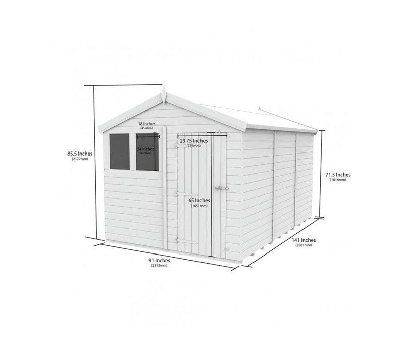 Total Sheds 8ft x 12ft Apex Garden Shed - Single Door - With Windows - Pressure Treated Timber - UK Manufactured