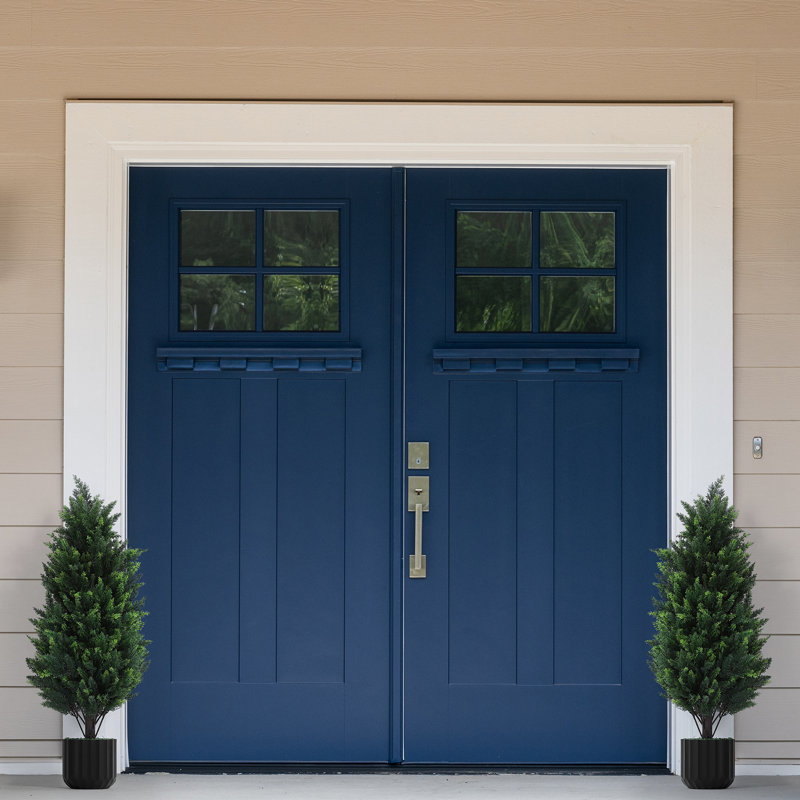 Ensemble de 2 arbres en cèdre artificiel de 3 pi (90 cm) - Faux plantes à feuilles persistantes d'intérieur / extérieur avec jardinières noires
