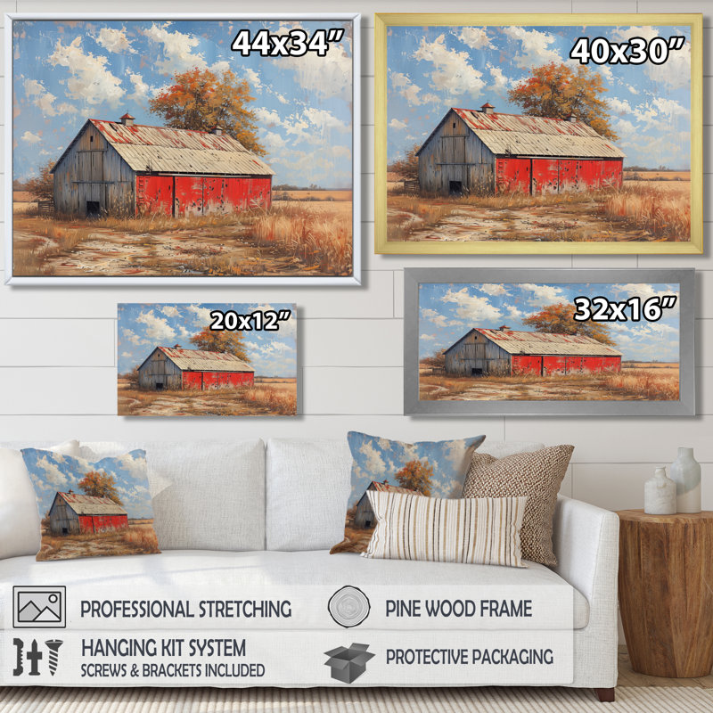 Décoration grise rouge et grise d'été - décoration murale grange, Toile encadrée flottée blanche, H 24 po x l 32 po x P 1 po