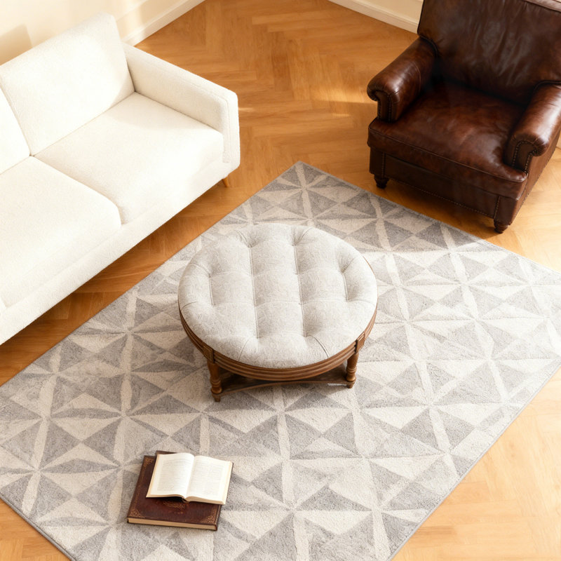Large Round WaterProof Ottoman Coffee Table, Light Gray Top/Walnut Base