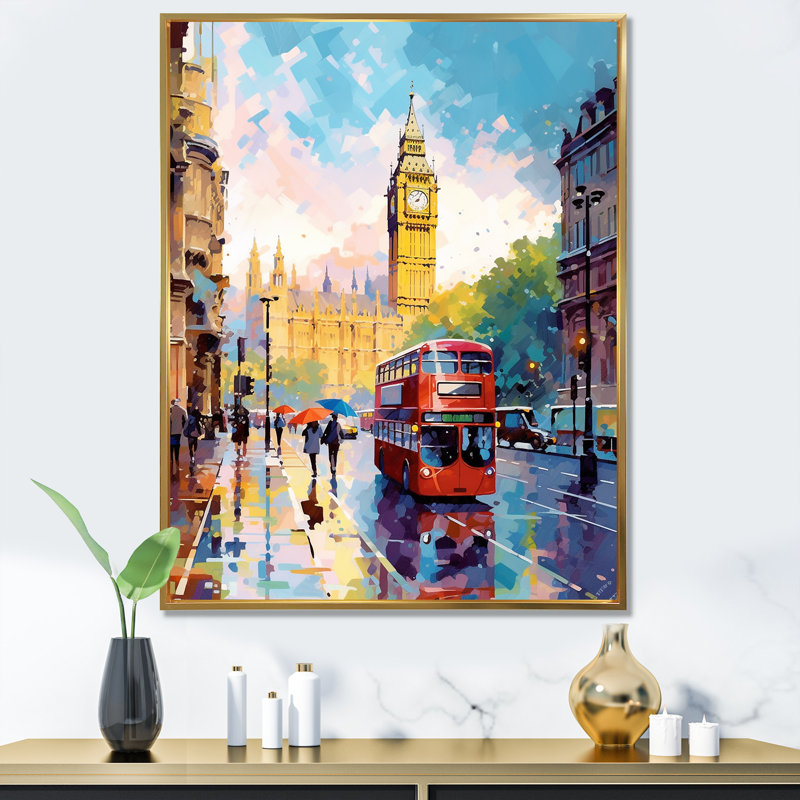 Vintage London UK Scenery - Cityscapes, impression d'art mural, H 44 po x l 34 po x P 1,5 po, Cadre flottant doré