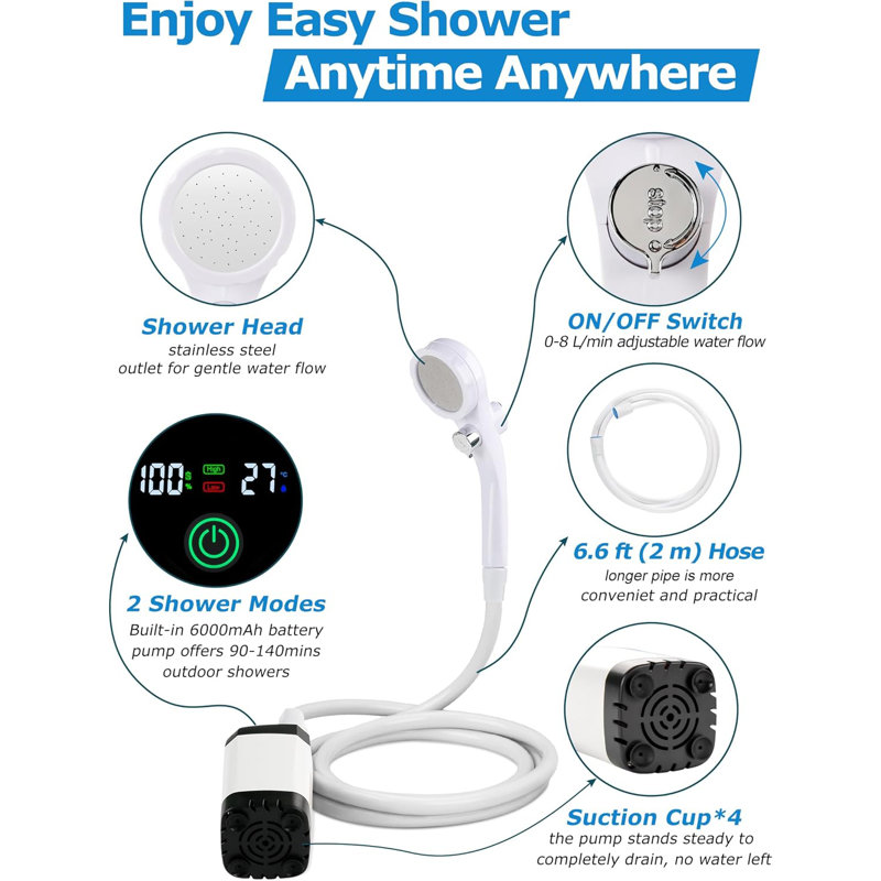 Portable Camping Shower, 6000mah Rechargeable Camp Shower Pump With Led Display, 2 Mode Electric Portable Shower For Camping, Hiking, Travelling, Washing