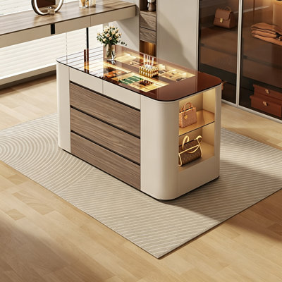 Armoire vitrée luxueuse pour îlot de bijoux avec tiroirs de rangement dissimulés et tablettes latérales, vitrine élégante