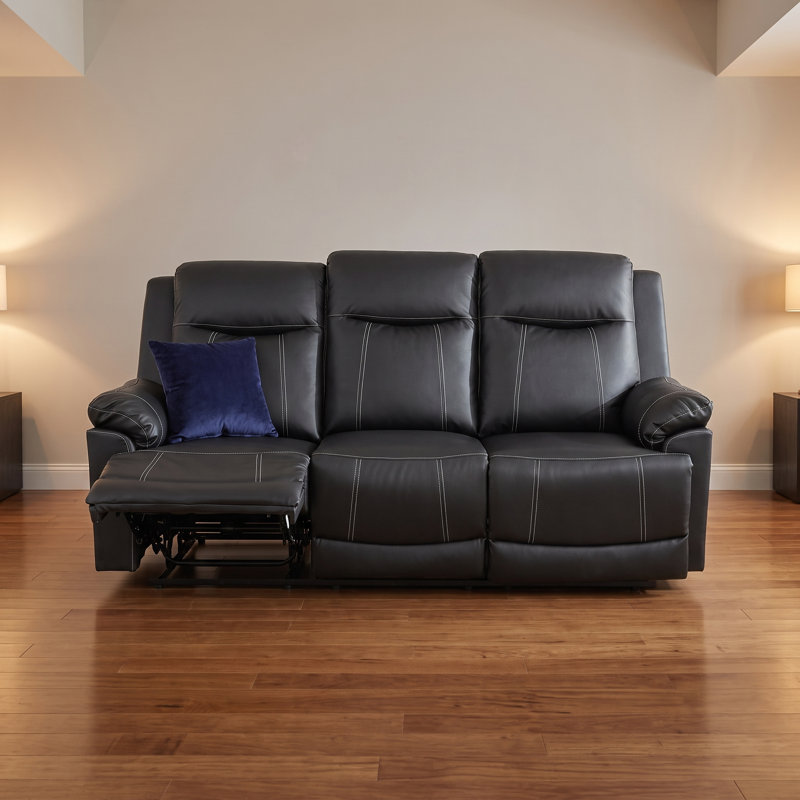 Canapé inclinable manuel en cuir PU noir 3 places, canapé inclinable triple avec repose-pieds réglable indépendant pour le salon