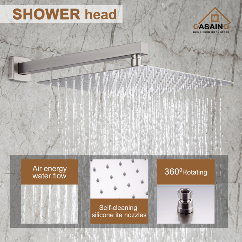 Brushed Nickel Wall Mounted Square Rain Shower System with Handheld