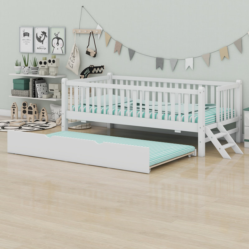 Wood Platform Bed With Guardrail And Trundle, White
