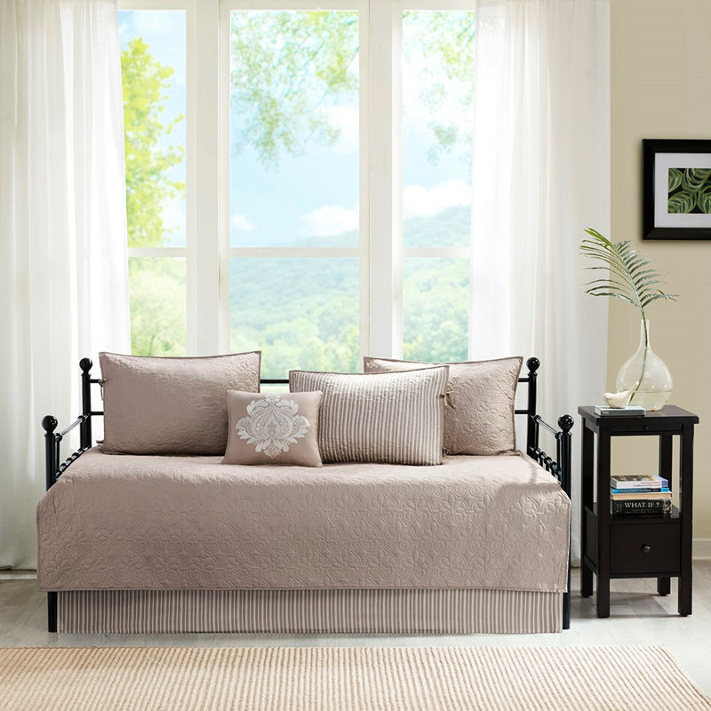 Khaki Reversible Daybed Cover 6 - Twin Sized, Solid/Printed Stripe, 3 Shams, 15" Drop , Exquisite Decorative Pillow Size, Solid/Printed, Pillow, Soft Cotton Filling