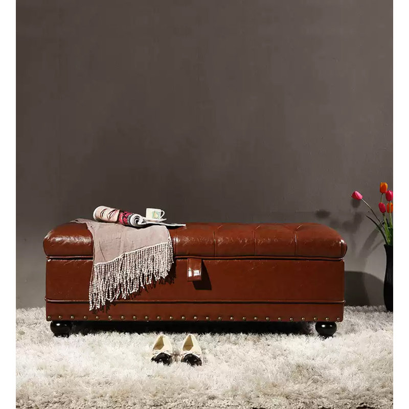 European-style faux leather tufted nailhead trim ottoman, Red, 17.2" H x 39.37" W x 17.2" D