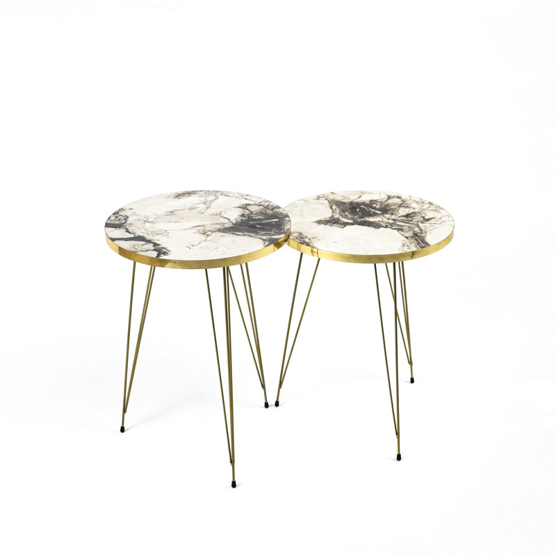 Marble-Look Nesting Coffee Table Set – 2 Piece Modern Living Room Tables, White Marble
