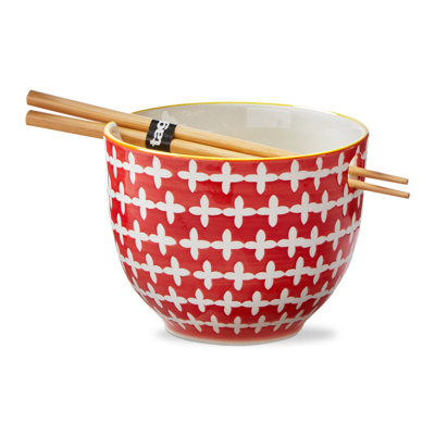 Yuki Noodle Bowl with Chopsticks Set of 2 Orange Stoneware Everyday 16oz Dishwasher Safe