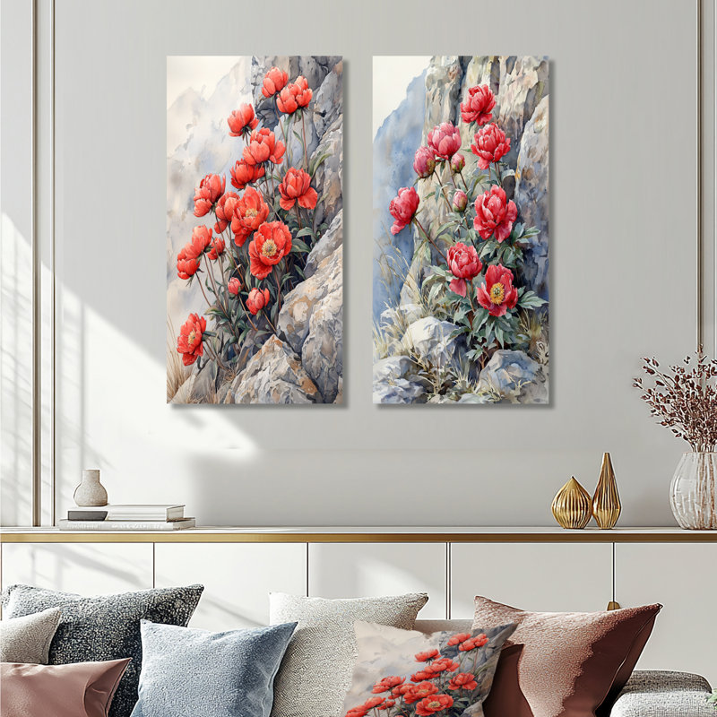 Pivoines par The Rocky Outcrop I - décoration murale en toile florale 2 pièces, H 40 po x l 41 po, Toile tendue