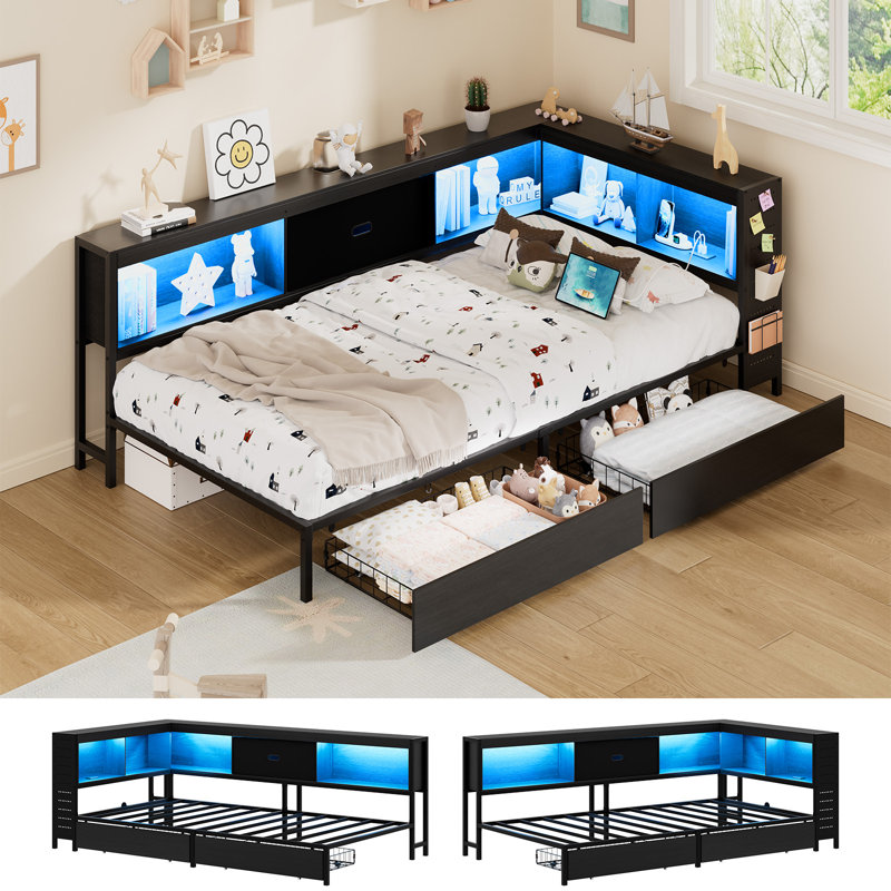 LED Twin Size Corner Bed With Charging Station, 2 Drawers and Bookcases, Black, Twin