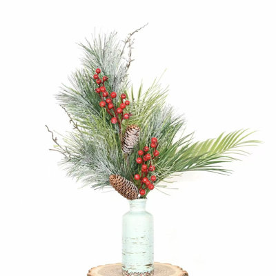 26" Artificial Christmas Day Winter Branch In Vase, Farmhouse Palm Leaves Frosted Pine Needles Red Berries Pine Cones Floral Arrangement With Long Stem For Party Home Office Table Centerpiece Shelf Decorations