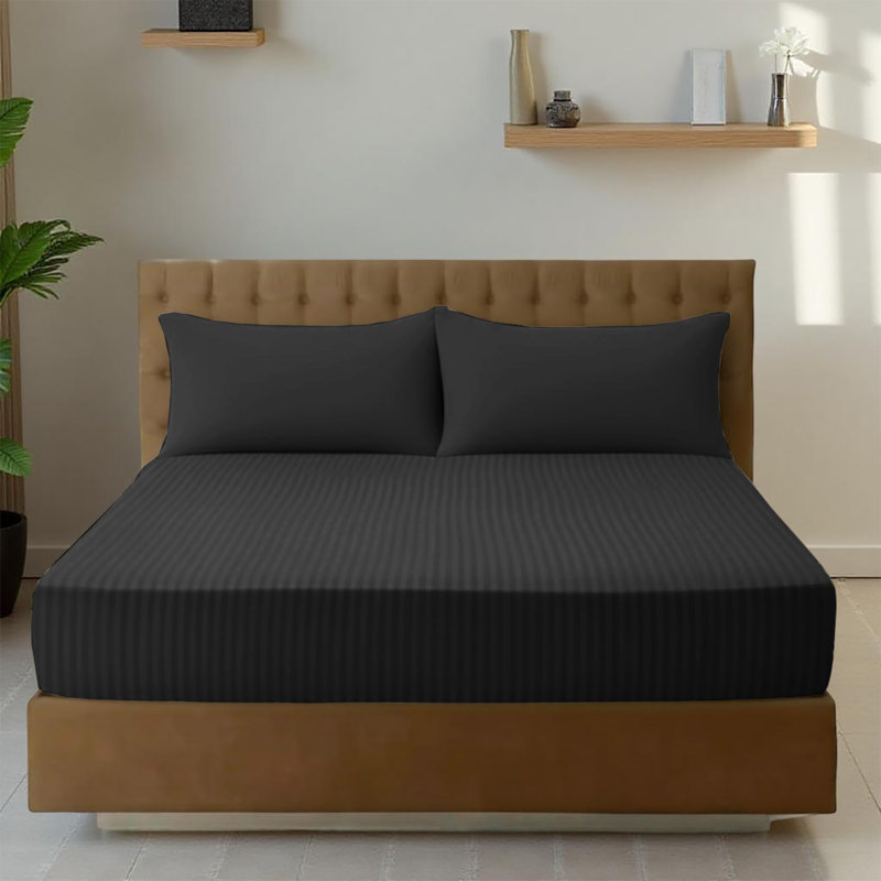Premium Stripe Fitted Sheet - Deep Pocket, Wrinkle-Free, Ultra Soft Microfiber Bed Sheet, Black Striped, Super King (6')