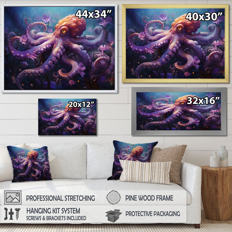 «Purple Octopus Mystical Encounter an», reproduction sur toile, H 12 po x l 20 po x P 1 po, Cadre flottant doré