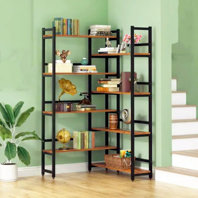 Étagère ouverte à 8 niveaux avec bibliothèque d'angle, idéale pour les bureaux à domicile, les salons et les chambres à coucher, brun