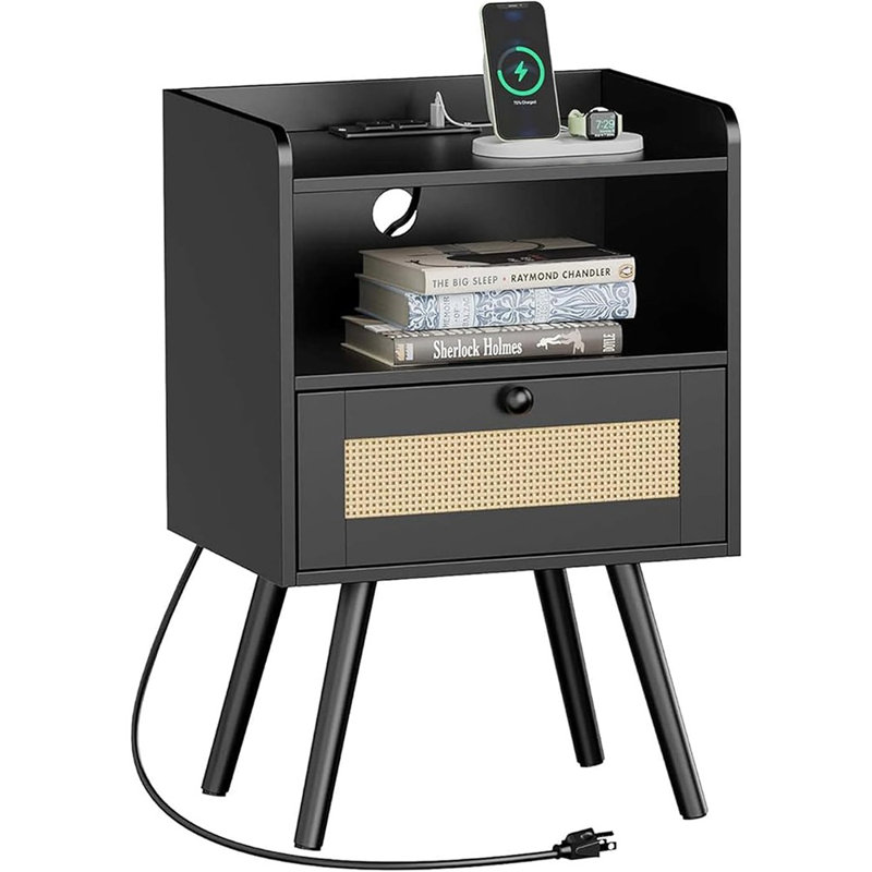 Nightstand With Charging Station & Rattan-Like Decor D...