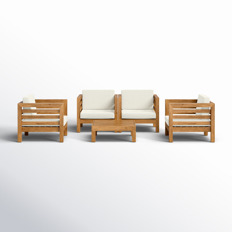 Maher Acacia 4 - Person Patio Conversation Set with Cushions, Teak Frame / Beige Cushion