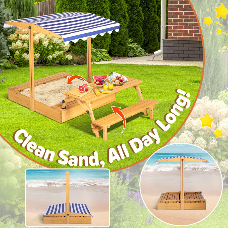 Kids Wooden Sandbox with Adjustable Canopy, Large Sand Pit with Foldable Picnic Table, Outdoor Sand Box with Lid and Upgrade Retractable Roof