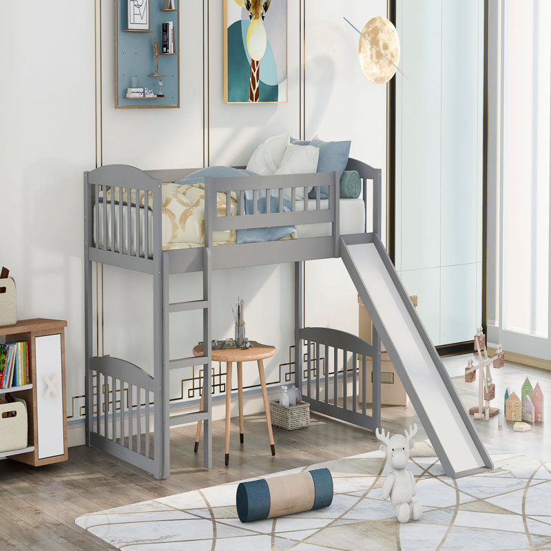 Lit simple, taille mezzanine avec glissoire et échelle, gris