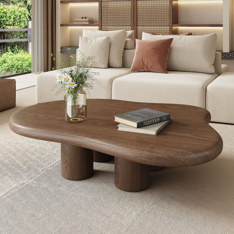 48.5" Rustic Wood Coffee Table, Round Coffee Table with Cloud Shaped Design Cloud Coffee Table Made of Solid Wood & Manufactured Wood and Vintage Walnut Veneer Finish for Living Room