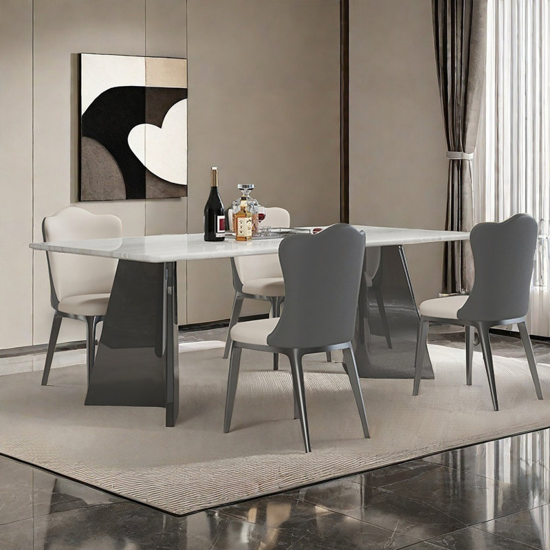 Ensemble de table de salle à manger en marbre naturel de luxe,  H 29,5 po x L 55 po x l 31,5 po, 7 Pieces: Table, 6 Chairs