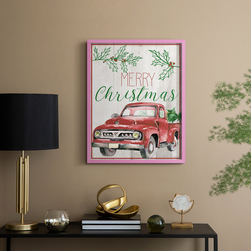 Merry Christmas - camion rouge, reproduction encadrée - bois massif, H 11 po x l 9 po, Rose