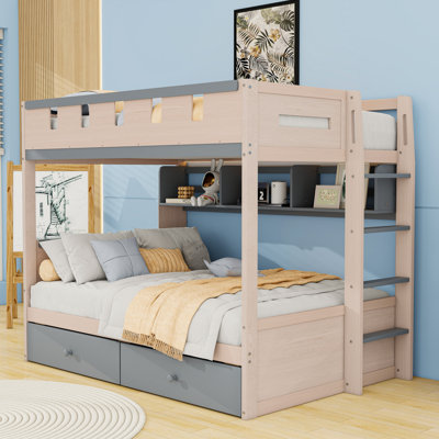 2 Drawers Wooden Bunk Bed with Guardrail and Built-In Shelves