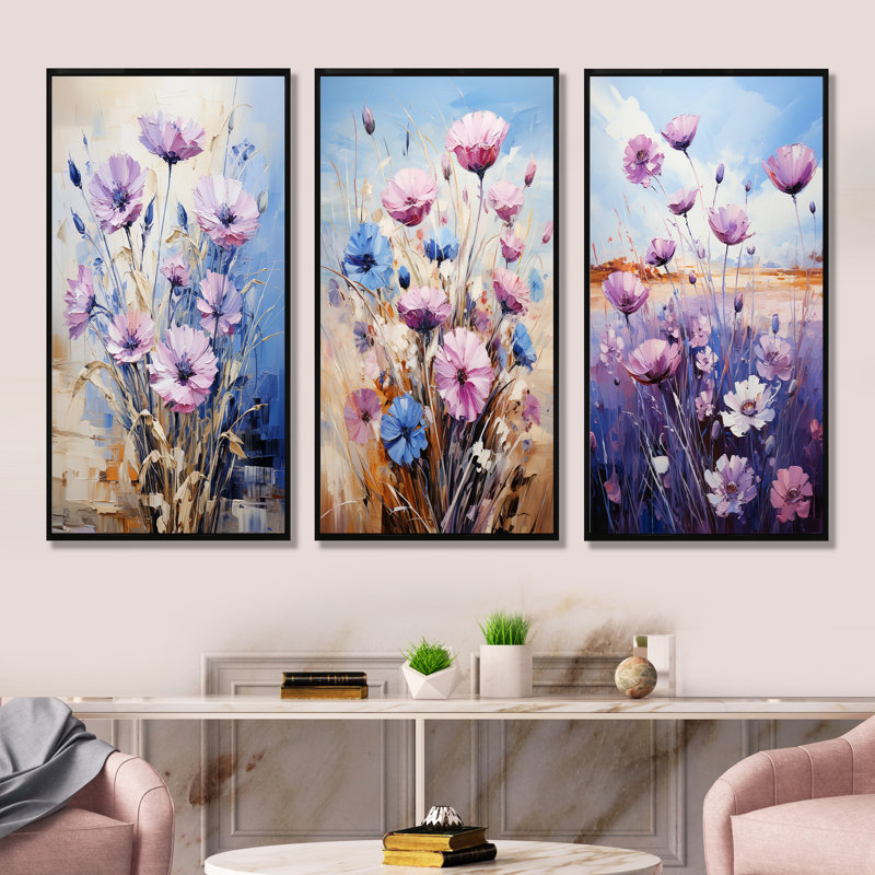 Bleu et mauve, champ de Fauvist - ensemble de 4 impressions sur toile, Cadre flottant noir, H 32 po x l 48 po