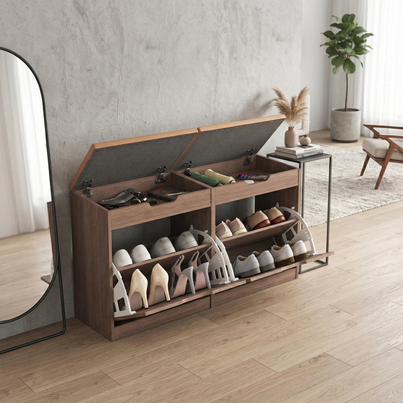 Banc de rangement rembourré pour chaussures avec armoire à 2 niveaux, Marron foncé