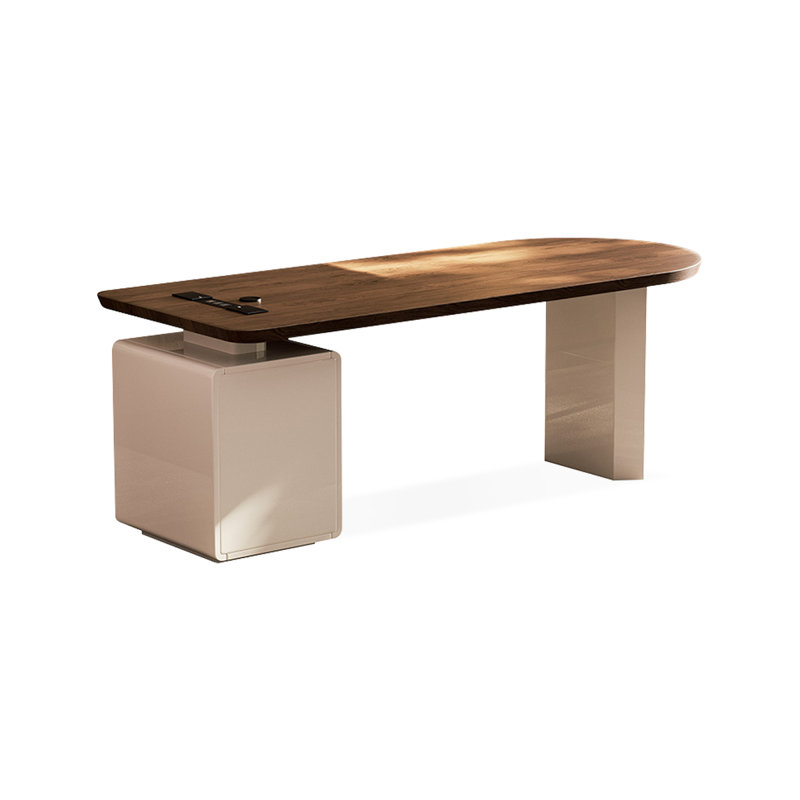Bureau à 3 tiroirs brun noisette + demi-cercle massif beige + bois manufacturé + acier au carbone