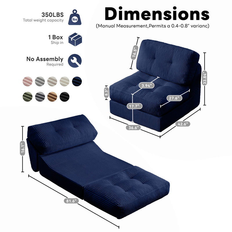  8.3" Compression Futon mattress, Folding Sofa Bed, Modern Corduroy Upholstered Sofa Comfortable Accent Chair, Blue