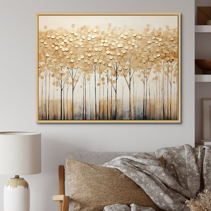 Minimalisme Golden Trees Harmony sur toile, H 16 po x l 32 po x P 1 po, Cadre naturel flottant