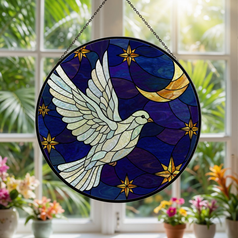 7.8"H Dove Night Stained Glass Window Panel, 7.8" H x 7.8" W