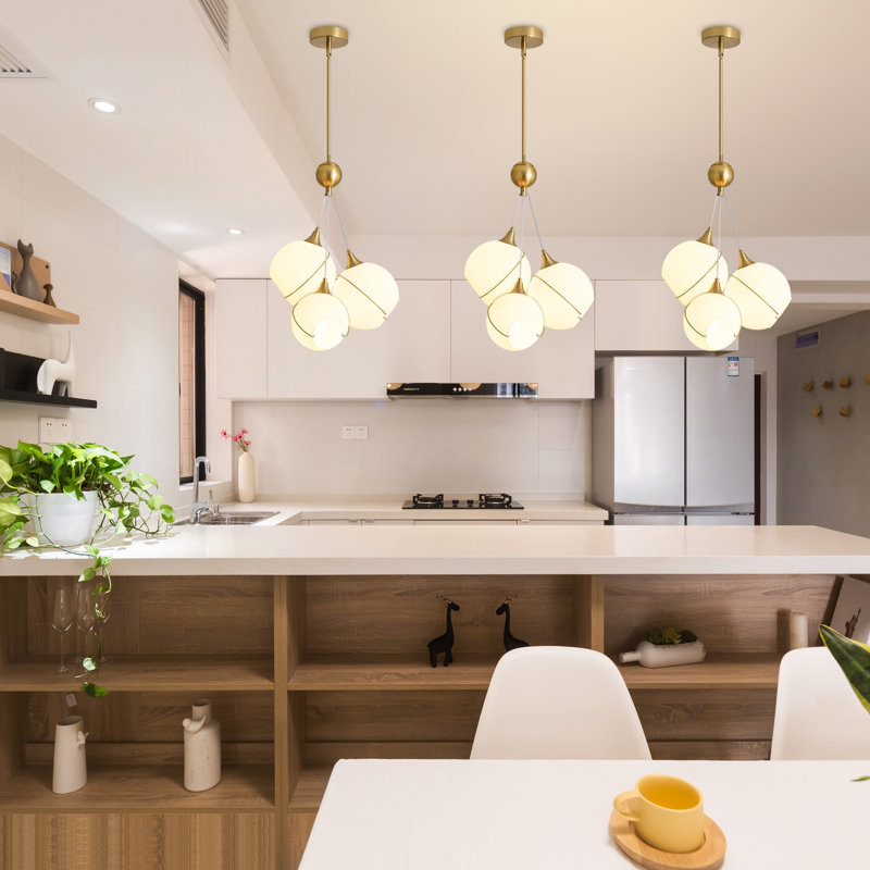 Keyari 3 - Light Modern Dimmable Globe Chandelier with White Glass Shade Cluster Pendant, Gold
