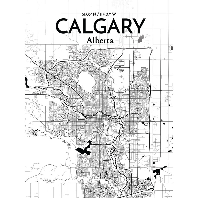 « calgary city map », reproduction d’impression sur affiche en encre, H 17 po x l 11 po