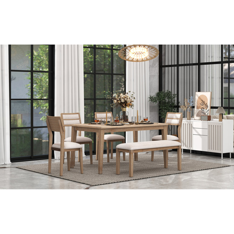 6 chaises de salle à manger de style classique avec table et chaises rembourrées de style traditionnel, Bois naturel délavé