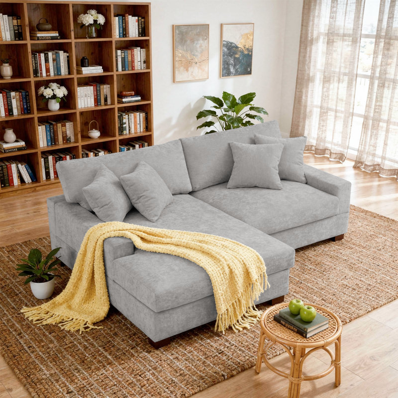 2 - Piece Upholstered Gray Chenille Modular Sectional Sofa with Armrests & Throw Pillows, Left Hand Facing, Gray Chenille