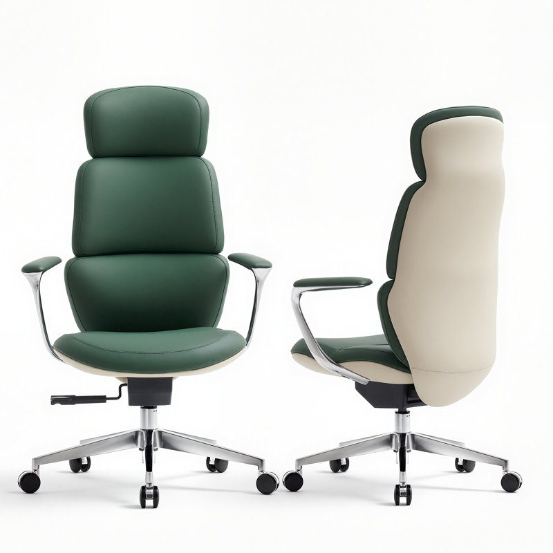 Genuine Leather Executive Chair, Swivel Ergonomic Office Chair, Desk Chair with Tilt Reclining, Alu, Green