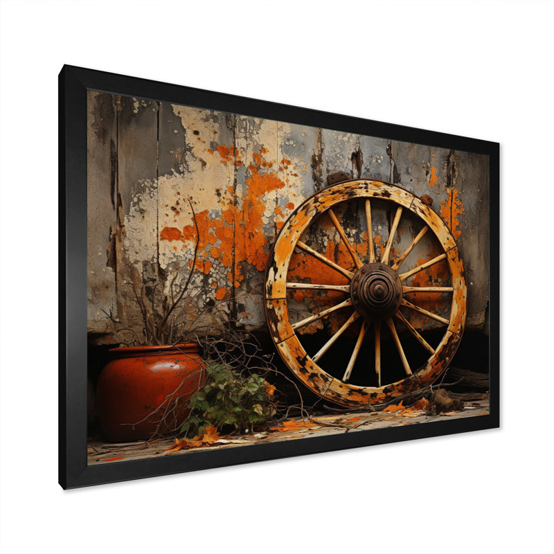 Roue de chariot orange I - décoration murale de transport, H 24 po x l 32 po x P 1 po, Cadre photo noir