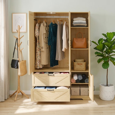 71.66" H Armoire Wardrobe With Mirror, Sensor Light, Drawers, And Hanging Rod